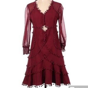 Burgundy Red V-Neck Cutout Tassel Dress with Pom-Pom Detailing L